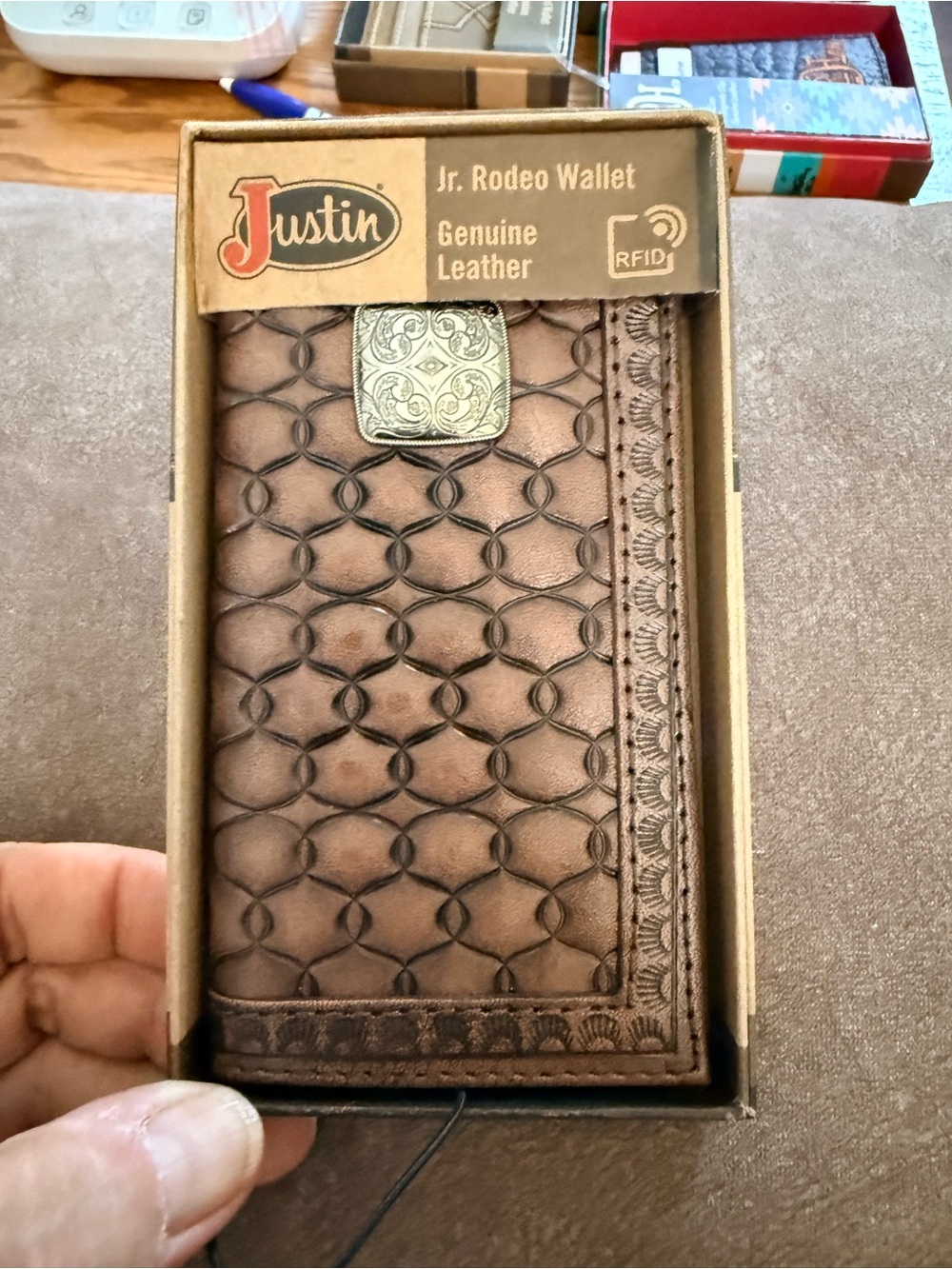 Justin Boots Brown Tooled Leather RFID Card & Key Wallet
